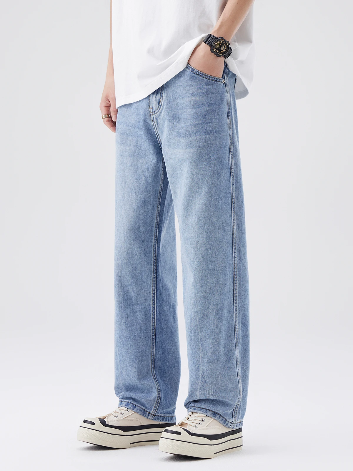 ضوء وا مستقيم الساق الرجال الجينز الصيف رقيقة الأمريكية الرجعية واسعة الساق السراويل الطويلة غير رسمية فضفاضة تناسب الجينز الشباب ular Sle