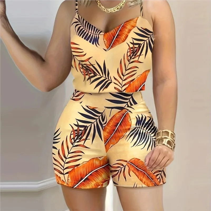 

2025 Summer New Women's Clothing Set With Fashionable Printed Sexy V-neck Sleeveless Strap Three Part Shorts Set