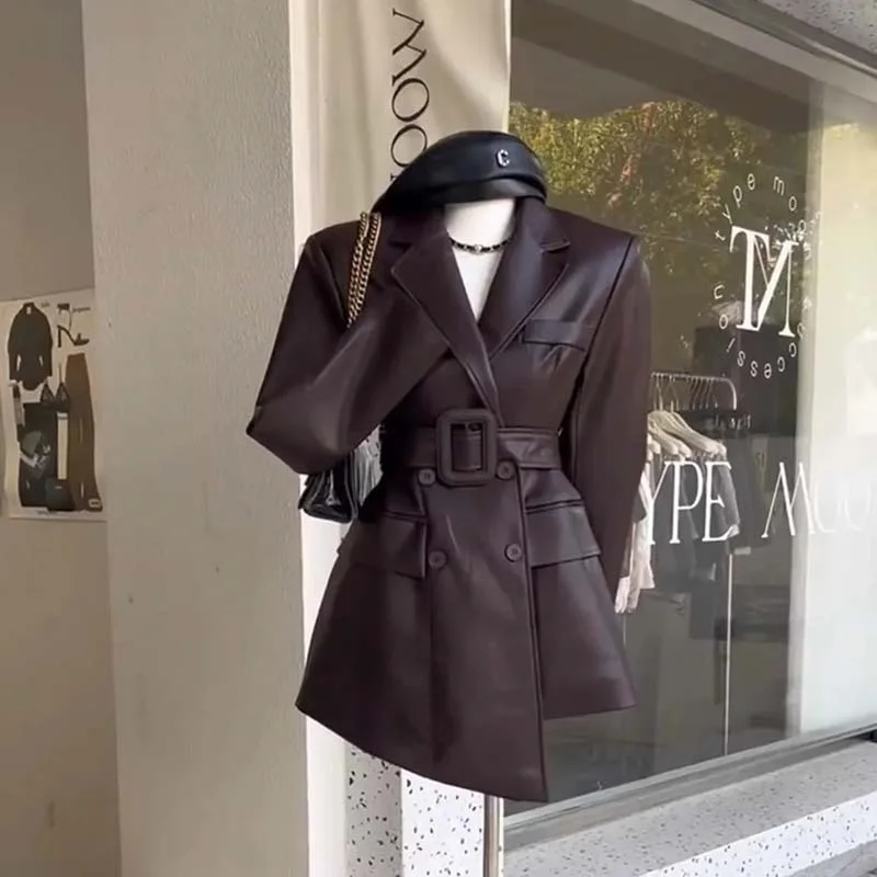 Kaffee Farbe Blazer Retro Schöne PU Leder Jacke frauen Herbst High-End-Gefühl Taille Cinching Anzug Jacke trendy JJ434