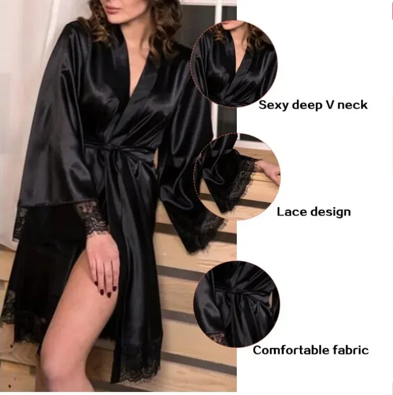 Female Sleepwear Lace Patchwork Long Bathrobes Ladies Nightgown Soft Silk Dressing Gown Bathrobe For Women