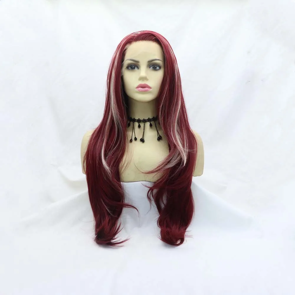 

Sylvia Wine Red Stripe Blonde Synthetic Lace Front Wigs Long Wavy Wig Heat Resistant Fiber Hair Wigs