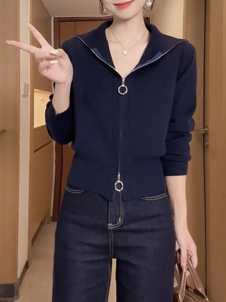 

Корейский вязаный кардиган с отложным воротником, осенняя новинка, большие размеры, модный универсальный топ, стройнящий фигуру