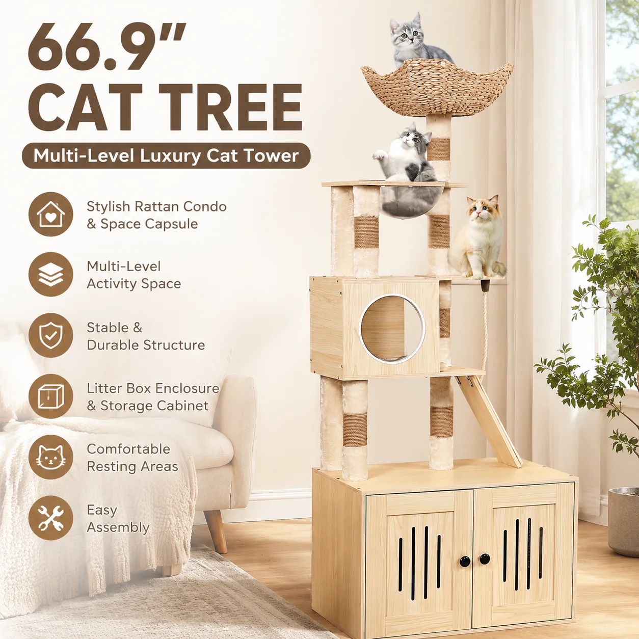 Cat Tree 66inch with Litter Box Enclosure Multi Level Cat Tower Rattan Condo Space Capsule Acrylic Hammock Storage Cabinet Wide Base Stable Cat Furniture for Indoor Cats