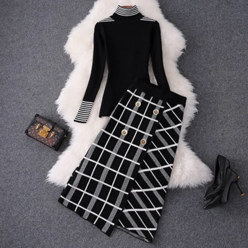 Autumn Designer Lady Sweater Two Piece Set Winter Slim High Neck Knitted Top Pullover Plaid Irregular Double-Breasted Skirt Suit