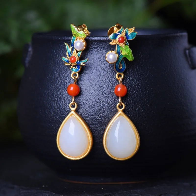 

S925 Silver Inlay Hetian Drop Enamel Earrings Jade Delicate About 10X14Mm