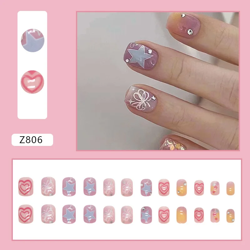 24 pz/set Full Cover Press on Nails unghie finte viola staccabili Cute Butterfly Heart Star Kawaii Short Square punte per unghie finte