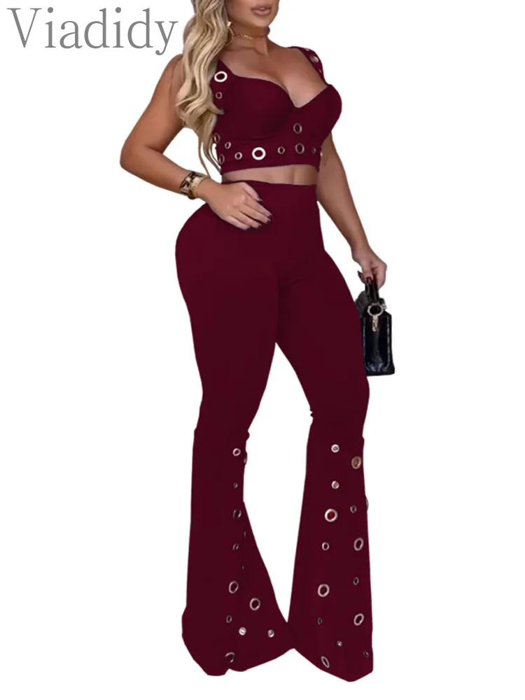 

Women's Sexy Solid Color Spaghetti Strap Zipper Back Tank Top and High Waist Flare Leg Pants 2pcs Set