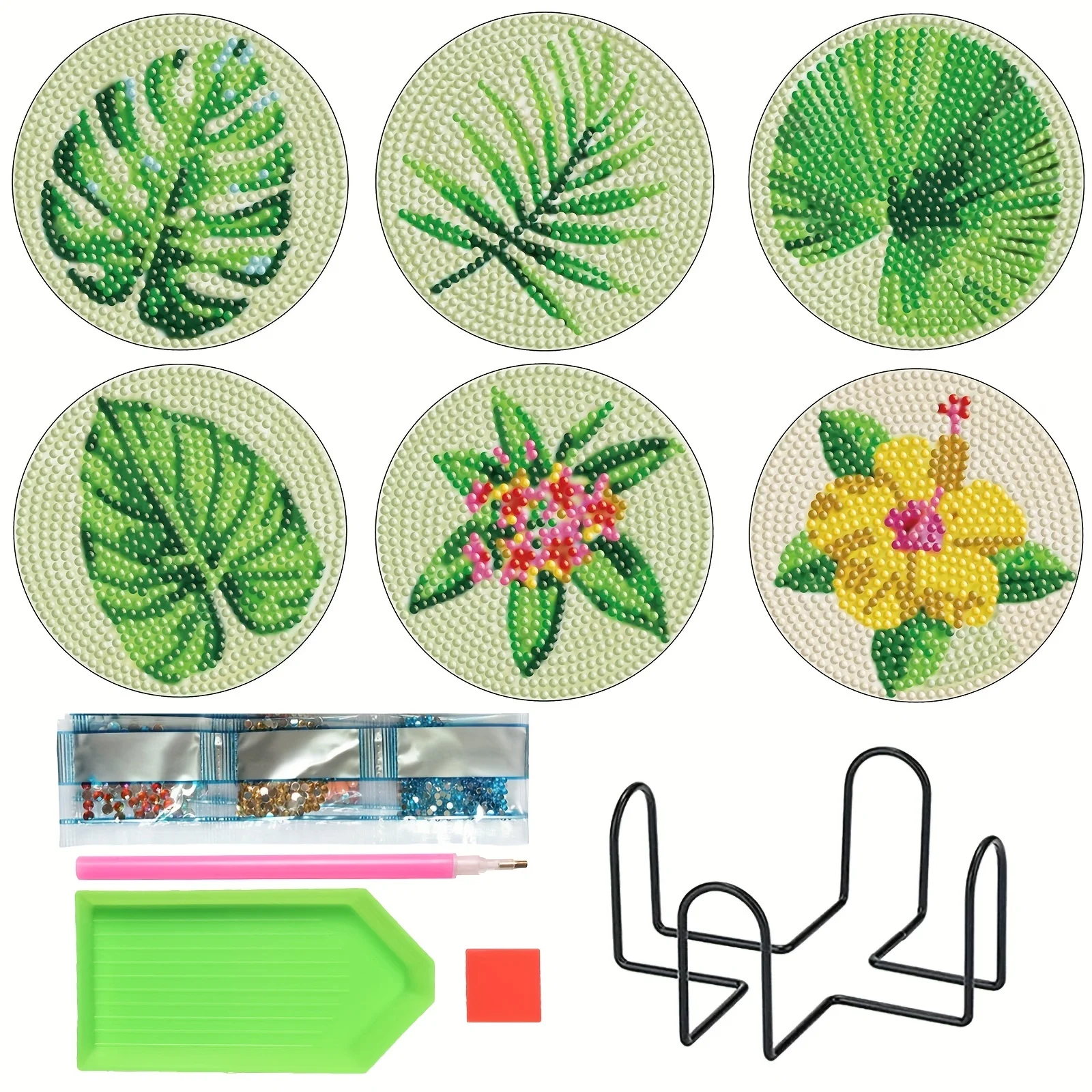 6-teiliges, rundes Edelstein-Kunstset mit Vollbohrer für Erwachsene, Anfänger, DIY-Blätter, Diamantmalerei, Holzuntersetzer-Set mit Ständer, Bastelgeschenk