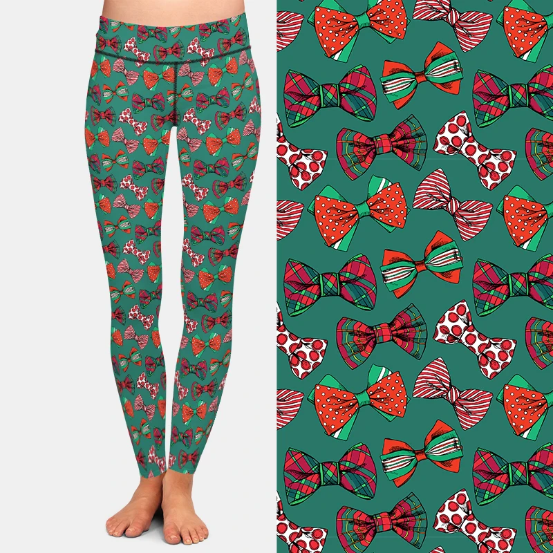 LETSFIND Winter New Women Pants 3D Red and Green Christmas Bow Tie Pattern Print High Waist Fitness Sexy Slim Stretch Leggings