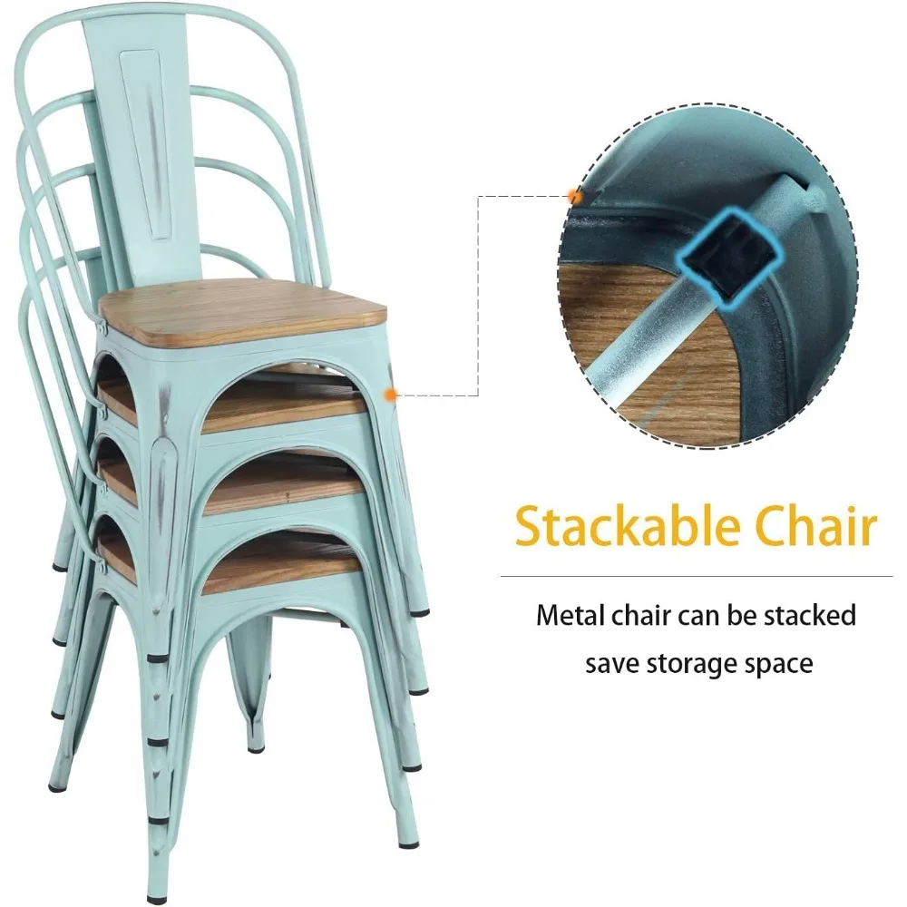 Sillas de Metal con asiento de madera, Juego de 4 asientos desgastados industriales modernos para interiores y exteriores, cocina y comedor