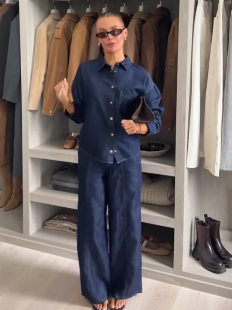 

HH Women Spring Lapel Pocket Single Breasted Loose Denim Shirt+High Waisted Wide Leg Jogging Casual Fashion Versatile Jeans Suit