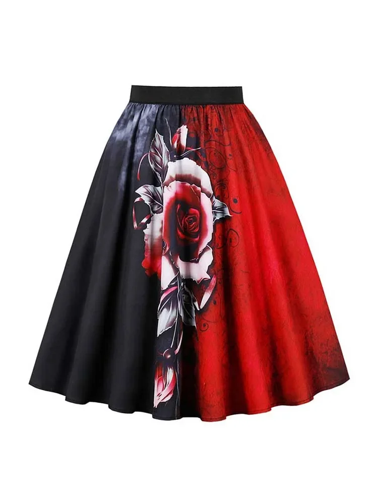 Harajuku Summer Women Floral Printed Midi Skirts Elegant Vintage High Waist Casual Loose A-line Cosplay Costume Party Skirts