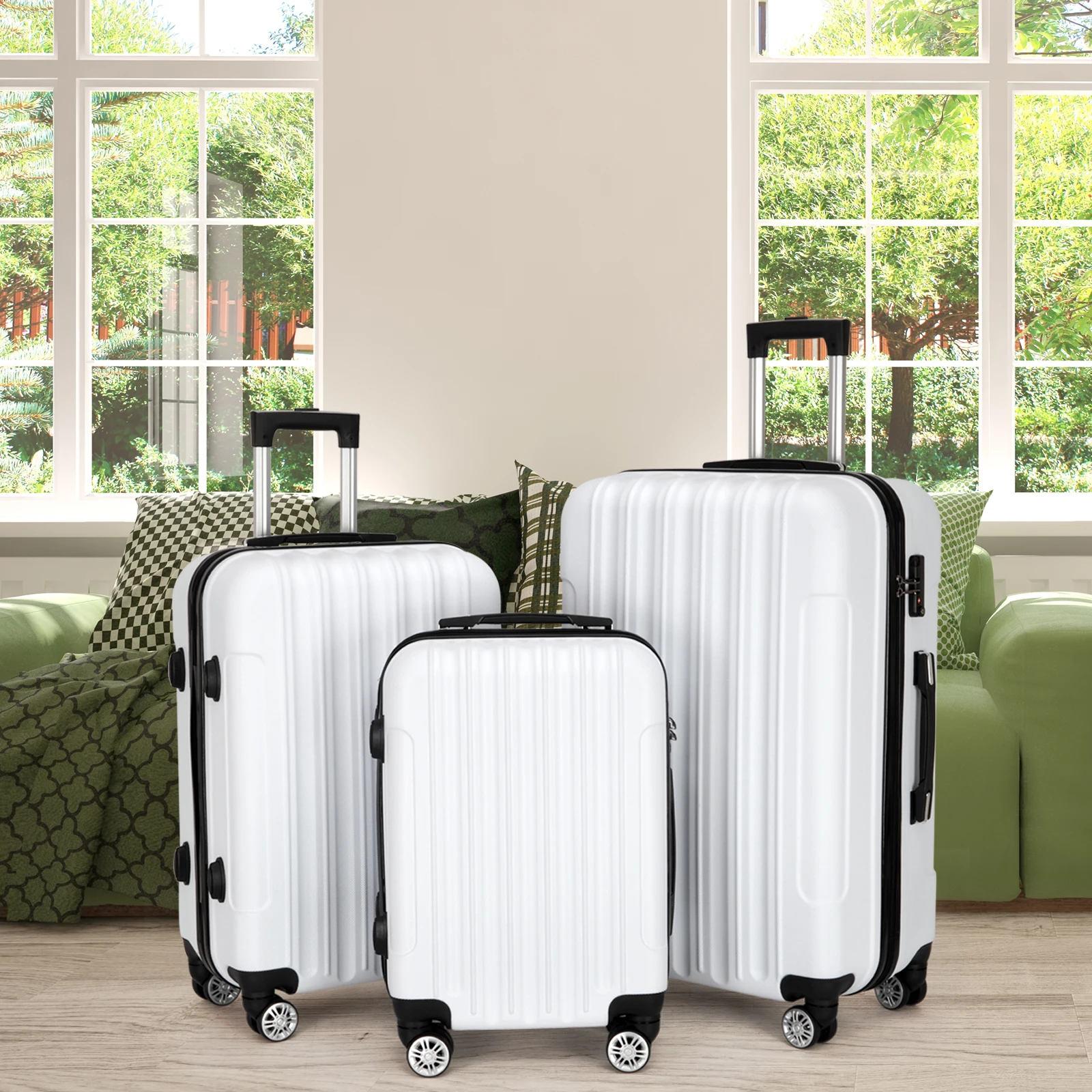 

20-inch, 24-inch, and 28-inch three-in-one spinner suitcase. ABS aluminum alloy pull rod. Stylish color - white.