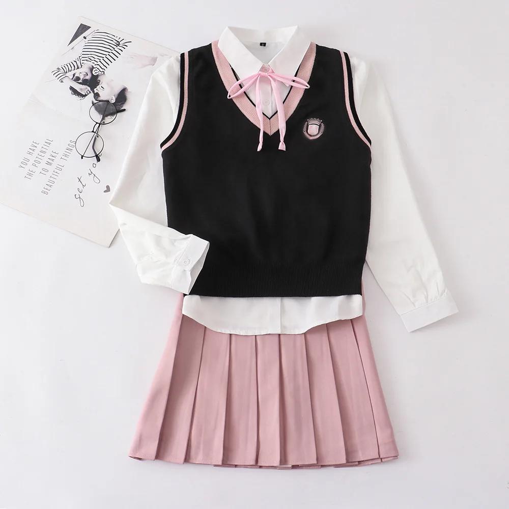 Casual Jk Katoenen V-Hals Gebreid Vest Roze Rand Ontwerp Trui Sets Roze Rok Japans Schooluniform Anime Cos Kostuums Vrouwen