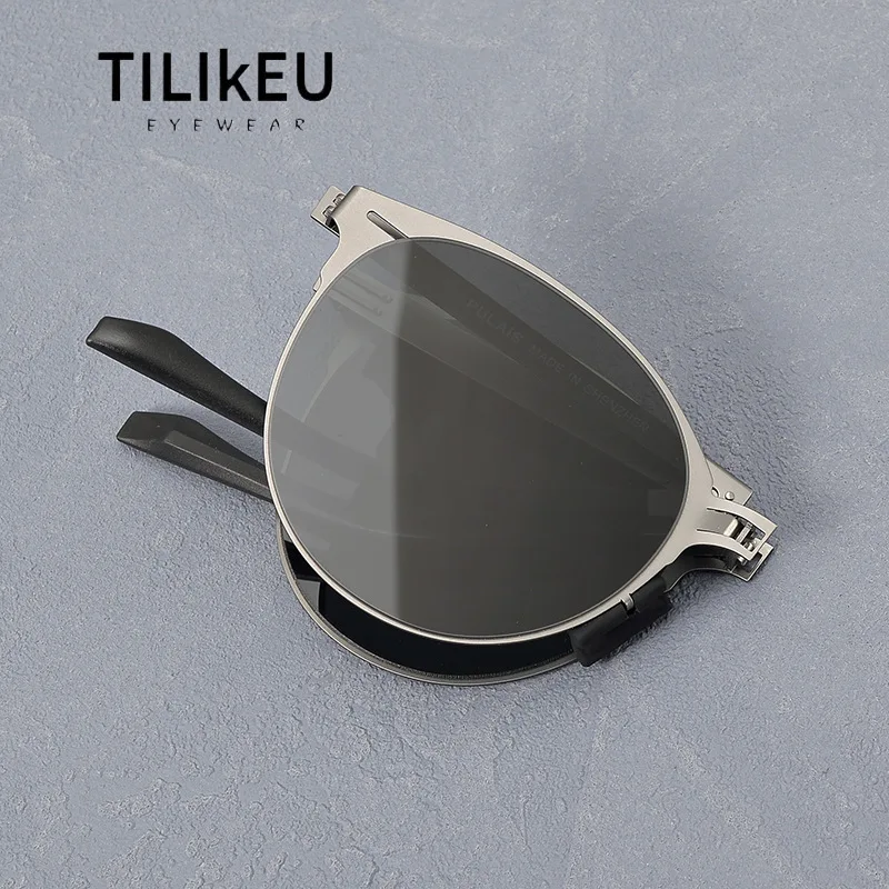 Foldable Titanium Alloy Circular Sunglasses Portable Men Outdoor Driving Fishing Sunshade Sunscreen Shades UV400 Folding Eyewear