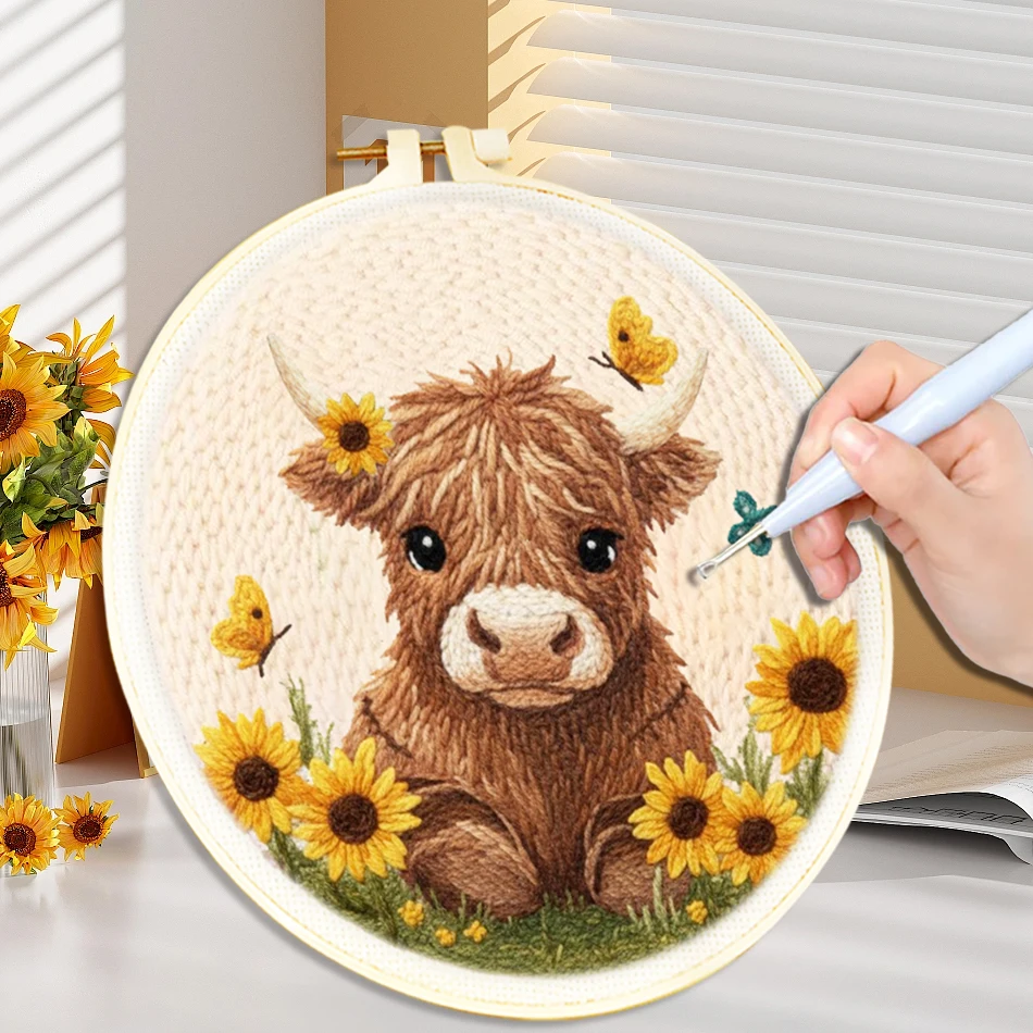

DIY Punch Needle Kits for Beginners Adults Cute Cow with Daisy Flower Punch Needle Embroidery Starter Craft Kit with Yarns Hoop
