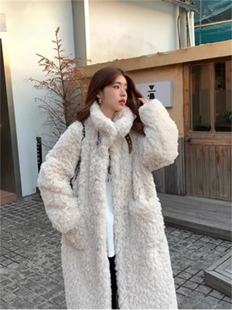 Temperament Add Plus Velvet  Padded Warm Lamb Fur Coat Ladies Stand Collar Loose Long Over The Knee Outerwear Women