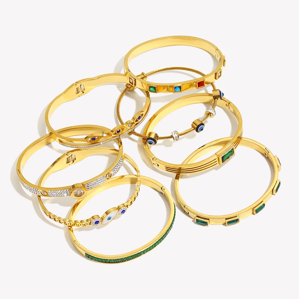 E.B.belle Rectangular Shell Demon Eye Blue Eyes Hollow Line Rhinestone Zircon Closed Bracelet 18K Gold Plated Stainless Steel