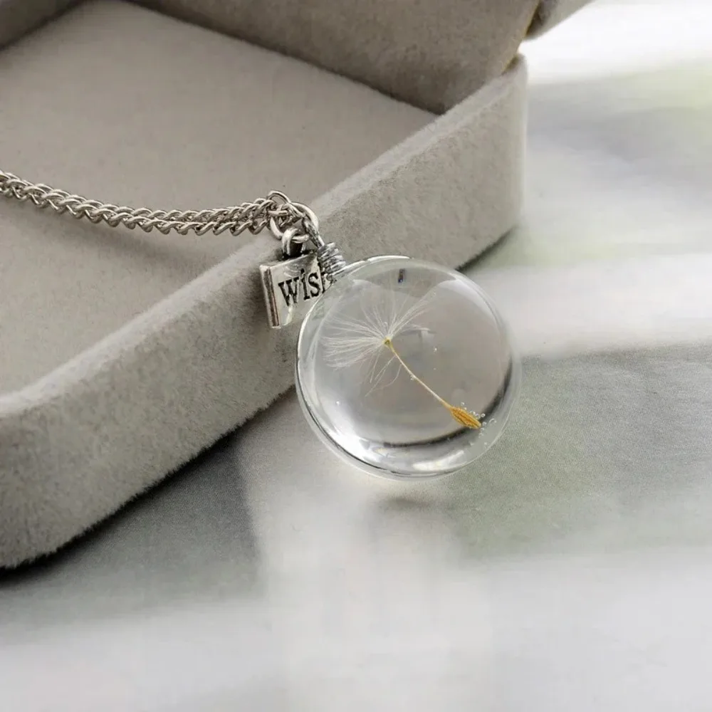 SUMENG 2024 New Fashion Wish Real Dandelion Crystal Glass Round Pendants Necklace Choker for Women Jewelry Gifts