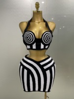 2025 New Women Celebrity Sexy Jacquard Black White Two Piece Bodycon Striped Bandage Skirt Set Designer Evening Party Dress