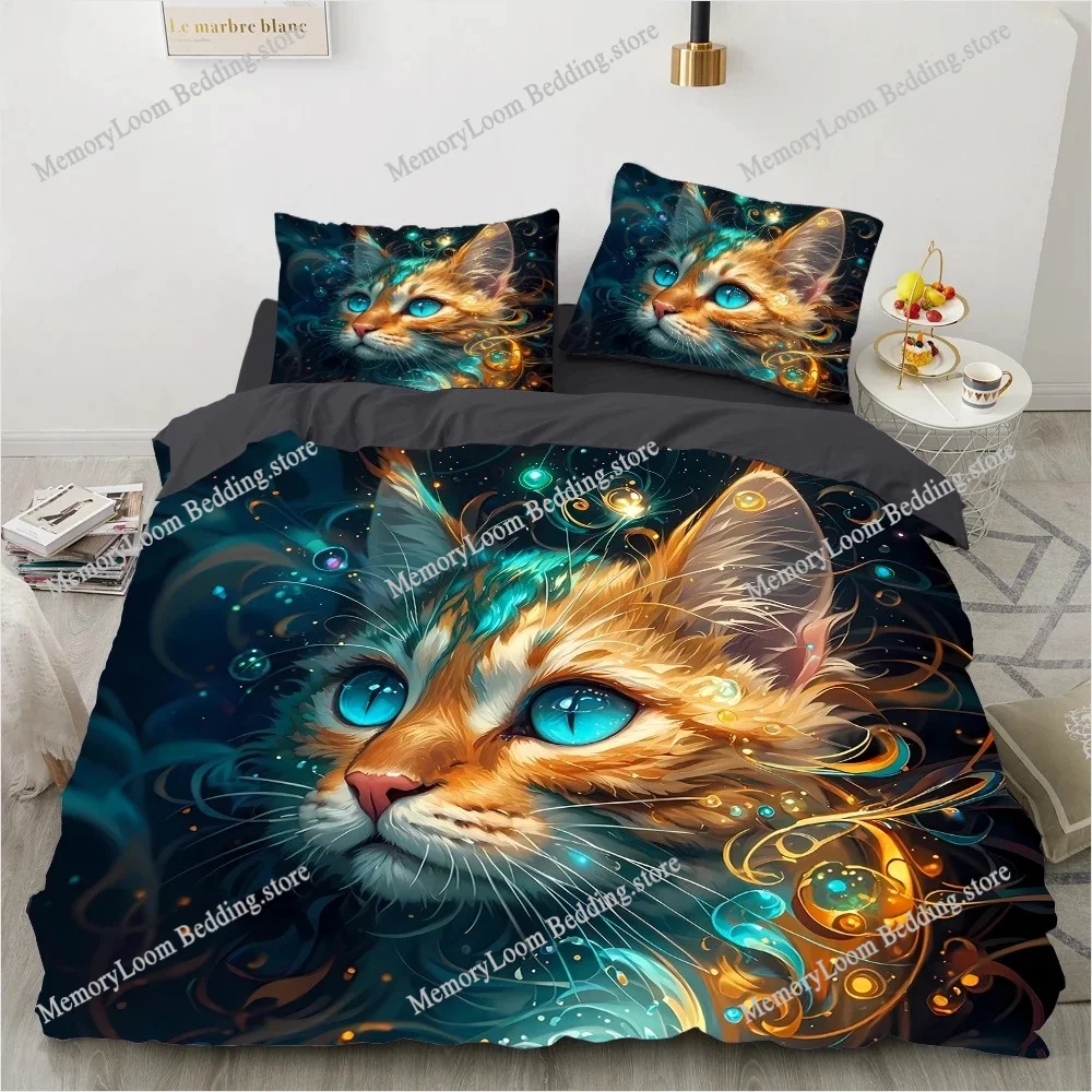 King Size Cat Bedding Set – 3D Printed Duvet Cover Set Bed Queen Luxury Bedrooms & Gifts (Cat, flowers, moon) - view 4
