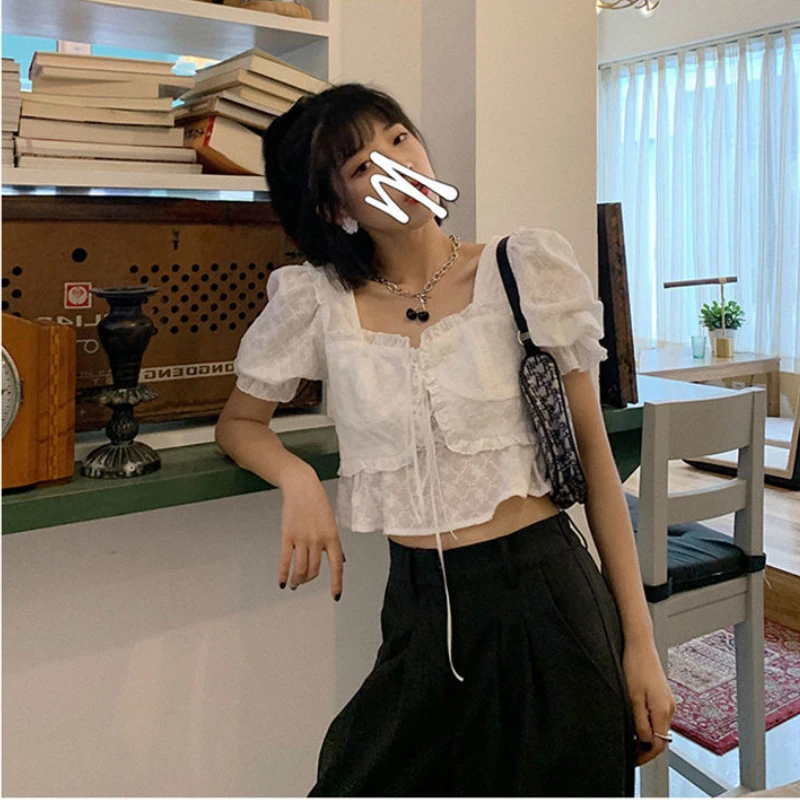 Retro White Blouses Women Sweet Preppy Cute Square Collar Summer Crop Tops Drawstring Tender Females Students New Arrival Korean