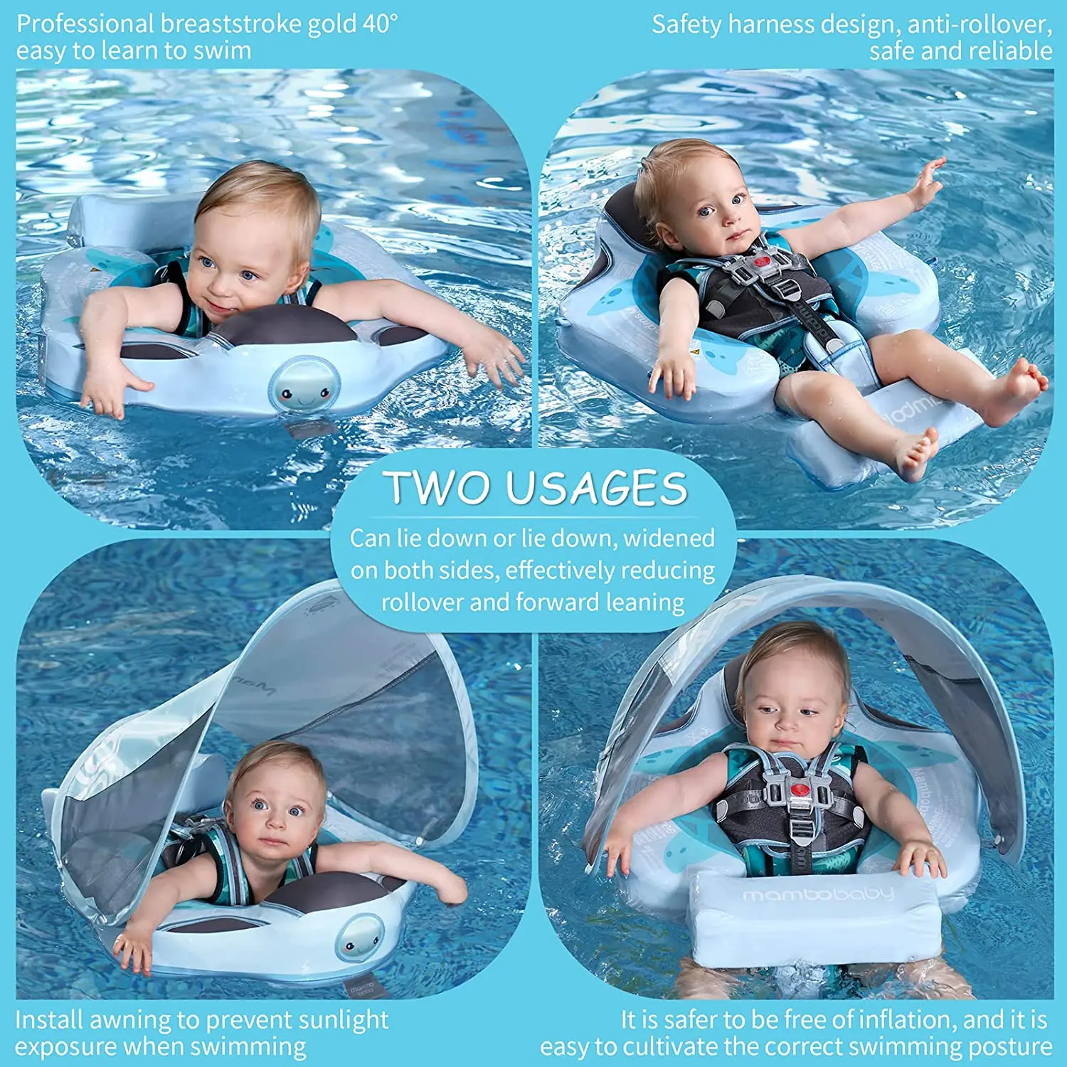 Mambobaby Float aggiornamento Non gonfiabile Soft Baby nuoto galleggiante neonati nuoto formazione UPF 50 + UV protezione solare baldacchino