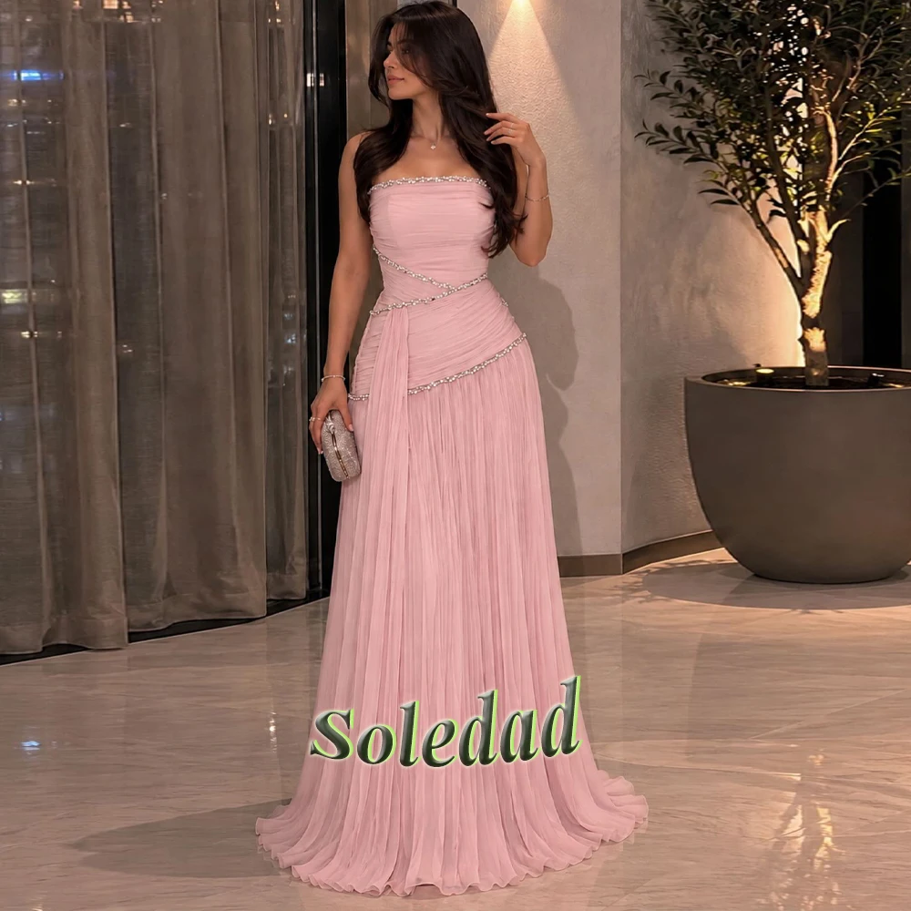 Soledad Charming Strapless Evening Gowns Rhinestone A-line Pleat Long Dresses High Quality Prom Dresses Party Formal Customized