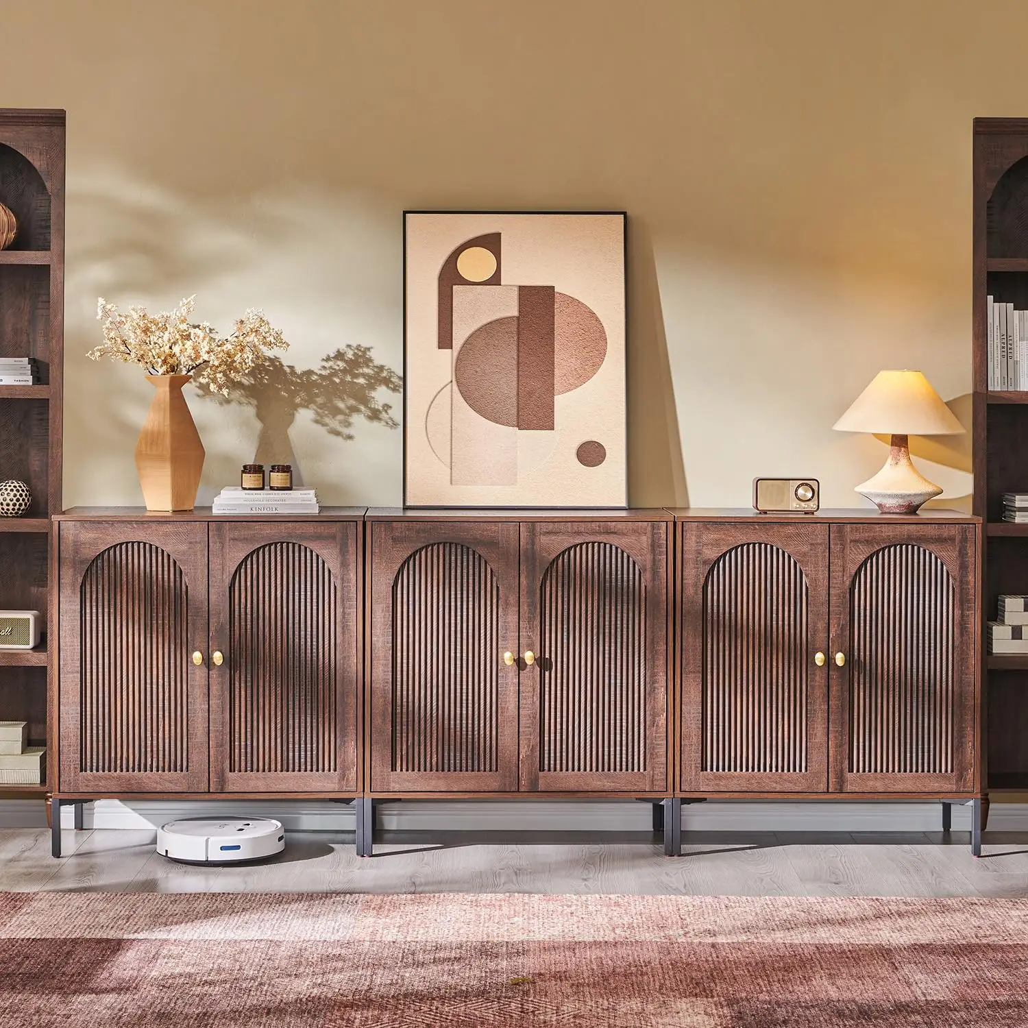 92.63" W Modern Arched Sideboard Buffet Cabinet with Storage, Brown | Fluted Arch Sideboard Cabinet w/Adjustable, Customized