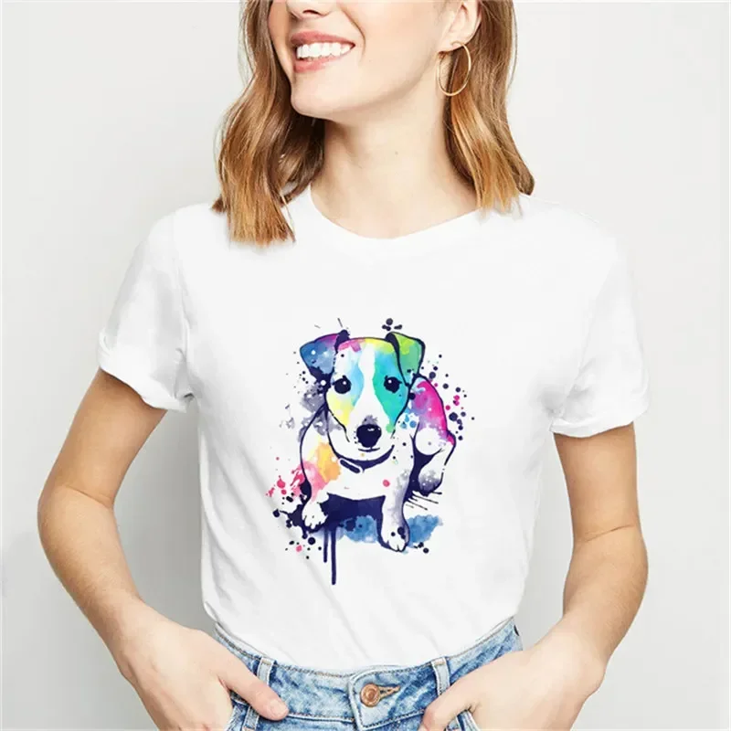 Camiseta con estampado de animales de Jack Russell Terrier de acuarela para mujer, camiseta gráfica Harajuku para amantes de los perros, camiseta divertida, camisetas para mujer