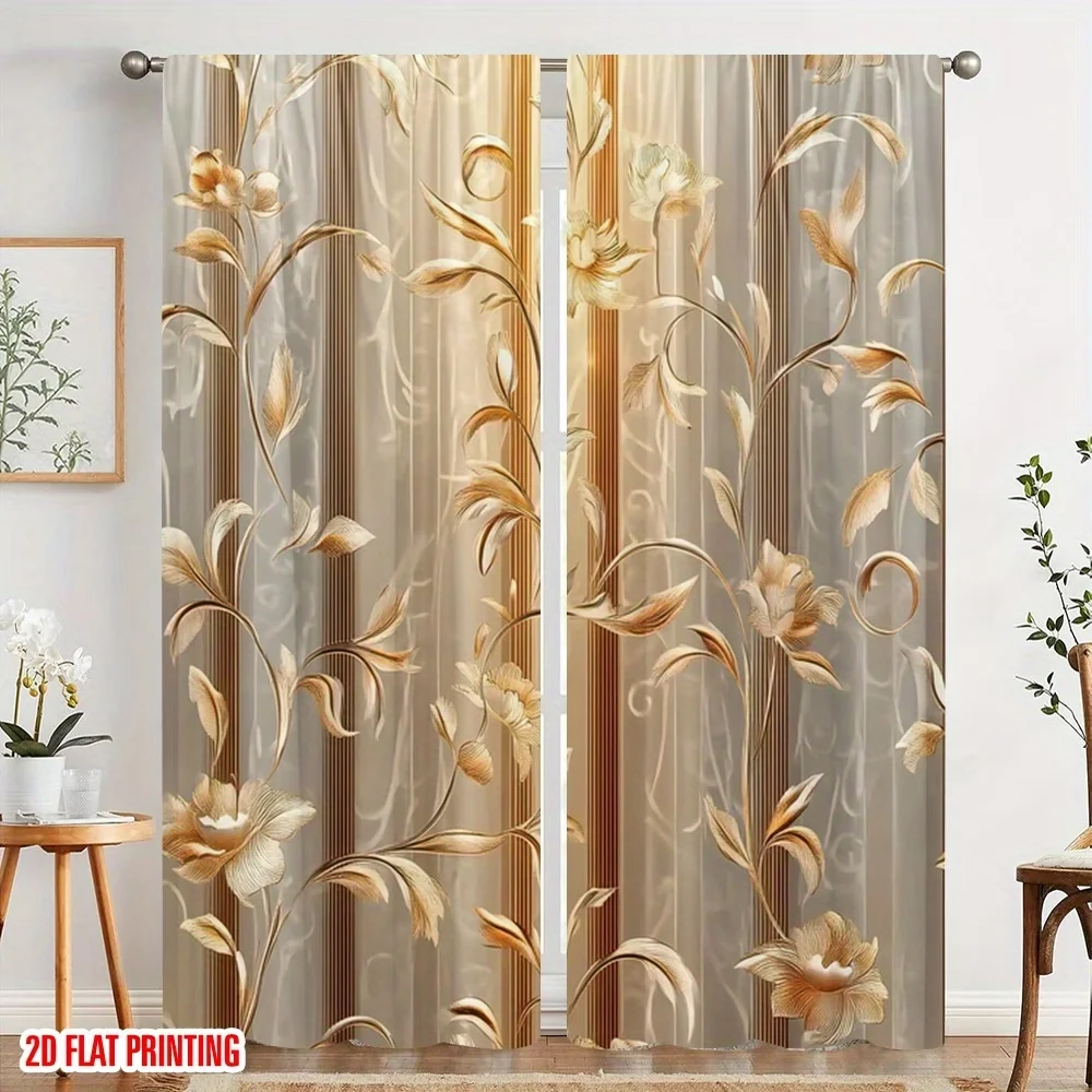 2PCS Digital Printed Curtains, White Gold Pattern Elegant Luxury Floral, Window Curtains for Living Room Bedroom Home Decoration