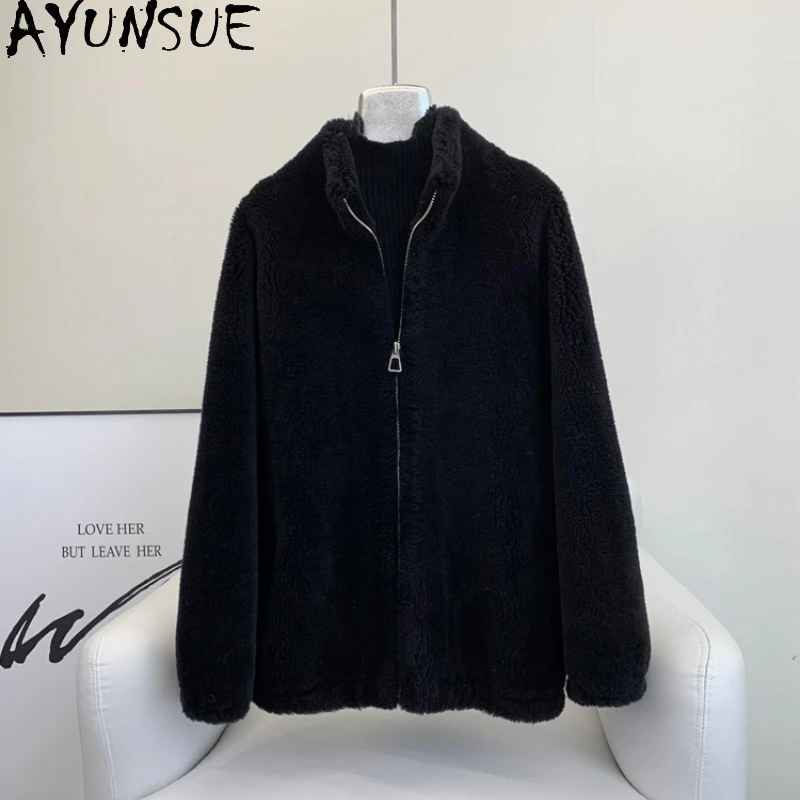 AYUNSUE High-street Sheep Shearing Jacket 100% Wool Coats for Women 2023 Autumn Winter Fashion Fur Coat Standing Collar Abrigos