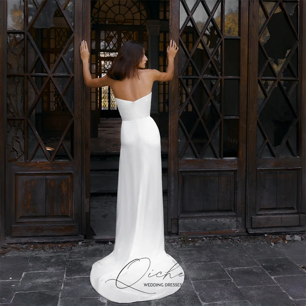 QICHE Sexy Mermaid Wedding Dresses Women V-Neck Open Back Pleat Side Split Sleeveless Bridal Gown Vestidos De Noiva Customized