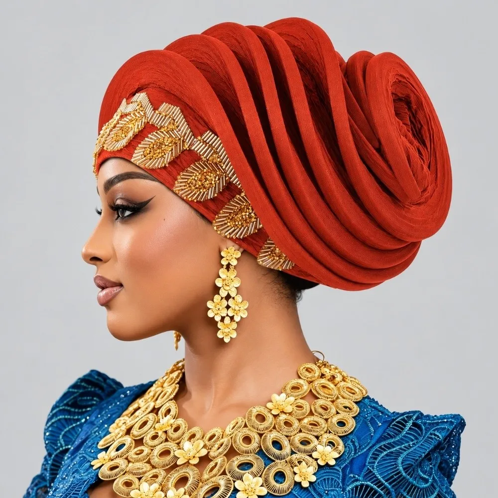 Elegant Shiny African Gele Headwrap Leaf Polyester Yoruba Turban Hat Pre-tied Multiple Color Options Traditional Headpiece Daily
