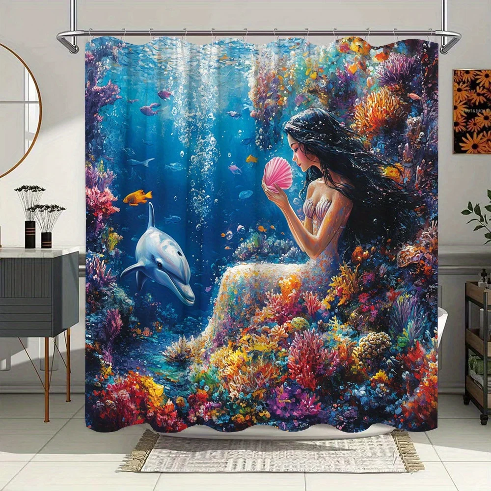 Mermaid and Dolphin Undersea Waterproof Shower Curtain for Bathroom Decor, Vibrant Art Design, Unique Style, Modern Fashion