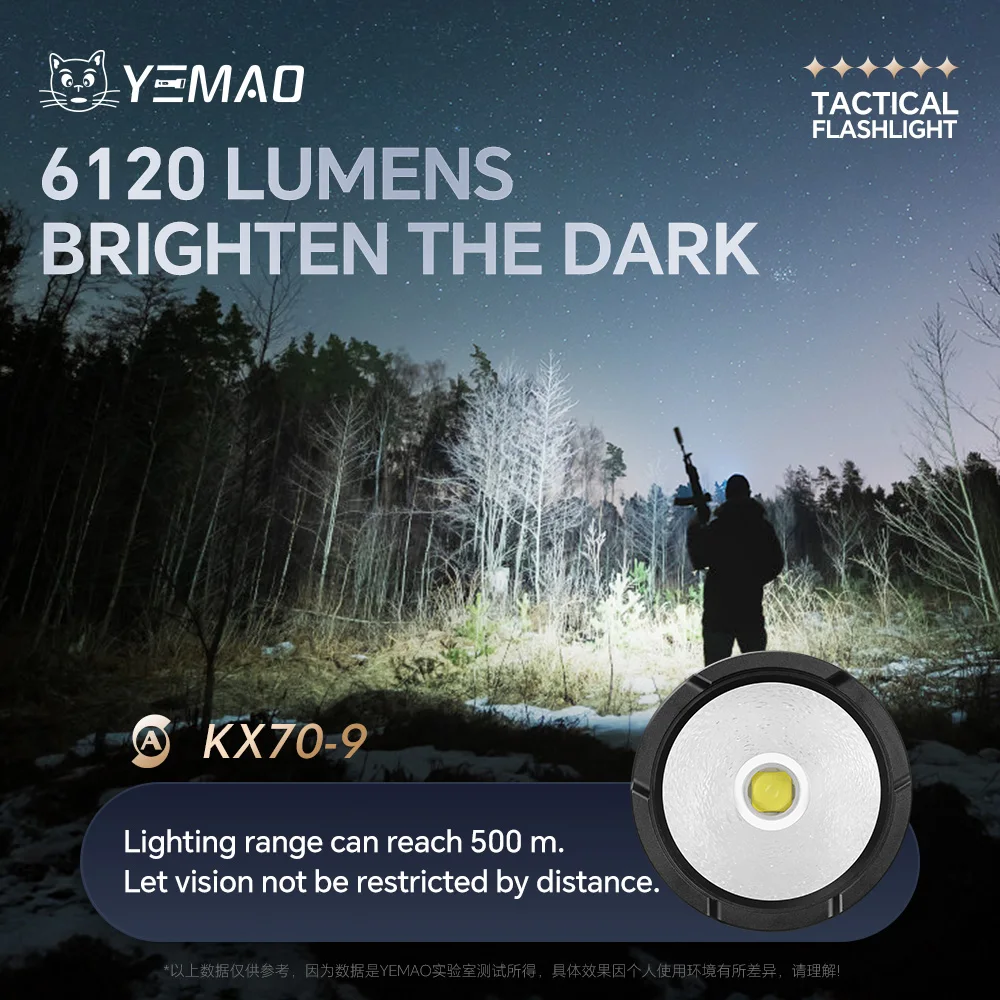 Linterna YEMAO-A81 6210LM, lig de búsqueda de carga USB-C, haz de 500 m, batería 21700, pantalla inteligente, resistente al agua IPX4, interruptor táctico