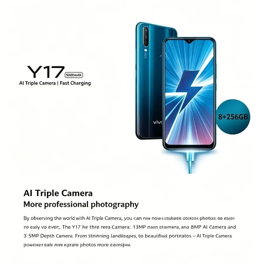 2026 Latest New Vivo Y17 4G Smartphone 8GB RAM 256GB ROM Global Version 6.35 Inch HD Waterdrop Screen 5000mAh Large Battery AI T view 3