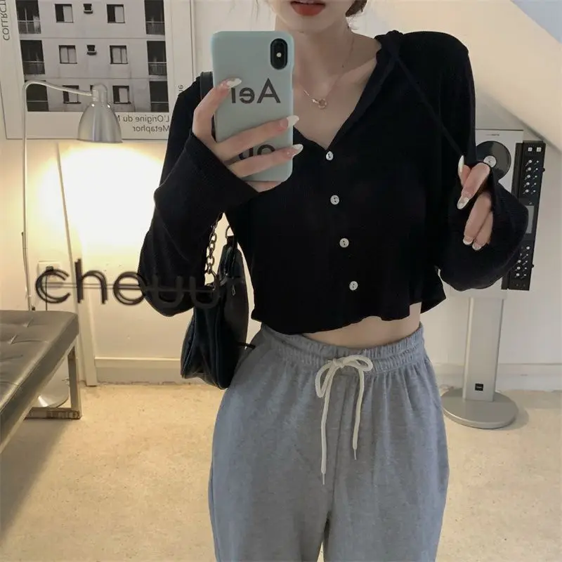 Deeptown Elegant Knitted Hooded Cardigan Women Grey Korean Fashion Sweet Crop Tops Solid Long Sleeve Casual Slim Up Streetwear