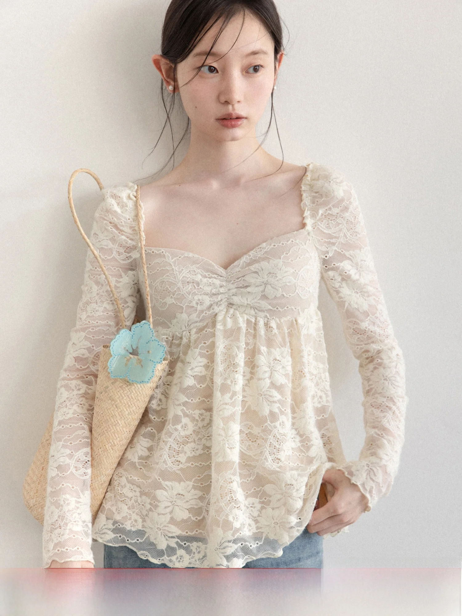 

Lace Long Sleeve Square Collar T-Shirt Women's Inner Wear Base Shirt Spring Casual Style Slim Fit Pure Color Nylon Spandex