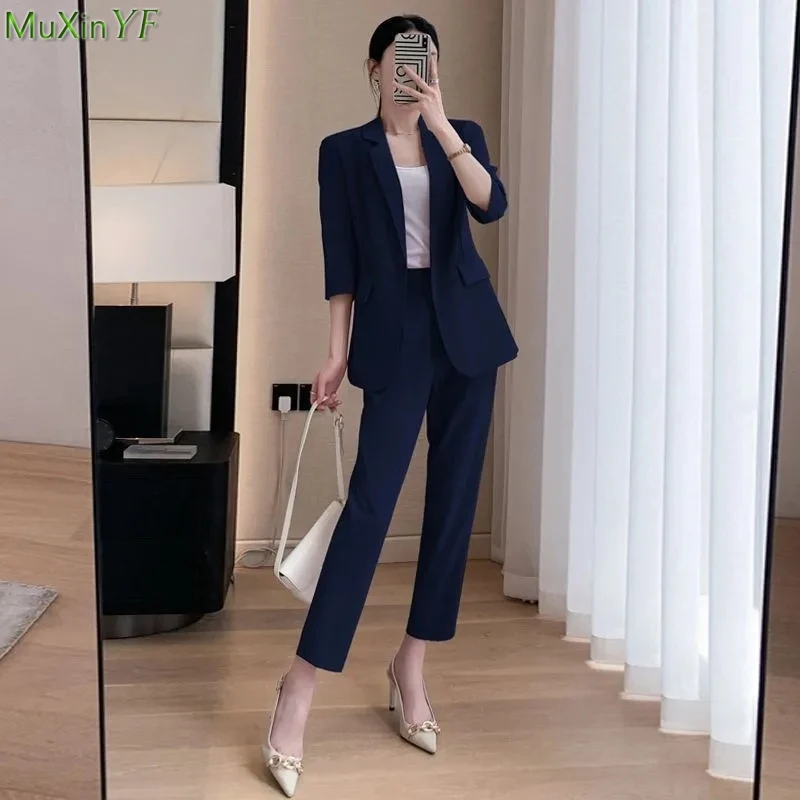 

Korean Office Lady Summer Work Thin Solid Slim Blazers Pants Two Piece Set Women's Proffession Uniform Coat Trousers Outfits