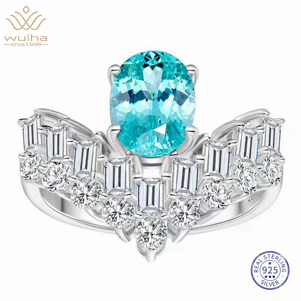 WUIHA Elegant 925 Sterling Silver Sparkling Oval Paraiba Tourmaline High Carbon Diamond Gems Cocktail Party Rings Fine Jewelry