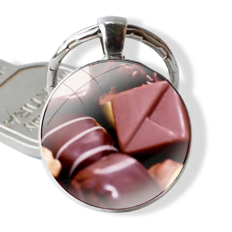 Chocolate Cake Keychain Handmade Glass Cabochon Key Ring Holder Pendant Key Chains