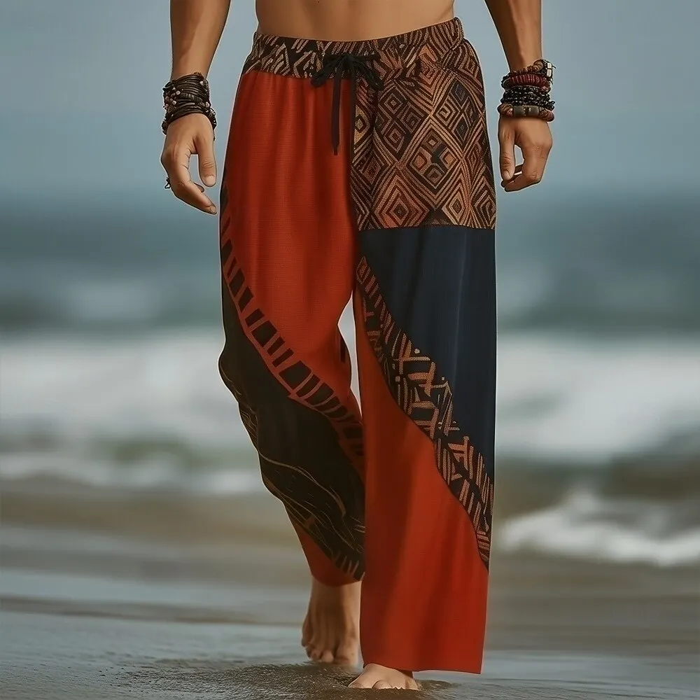 

Men's Casual Hawaii Style Wide Leg Pants Loose Bohemian Print Elastic Drawstring Summer Vacation Trousers