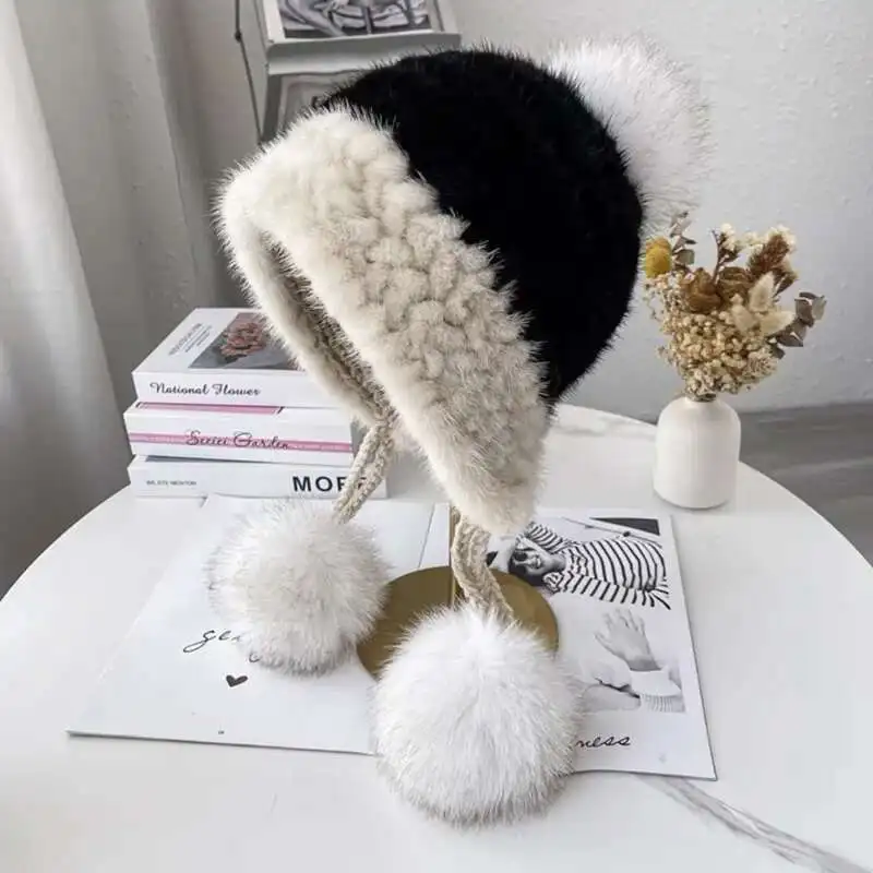 

Mink Fur Hat For Women Winter Outdoor Female Knitted Fur Caps With Fox Fur Ball Natural Mink Fur Ears Protective Hats Beanie