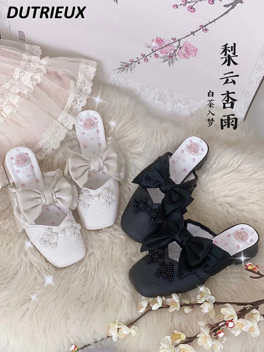 

Sweet Cute Lolita Style Buckle Satin Bow Elegant Casual Mid Heel Slippers Female 2024 Spring Summer Shoes for Women