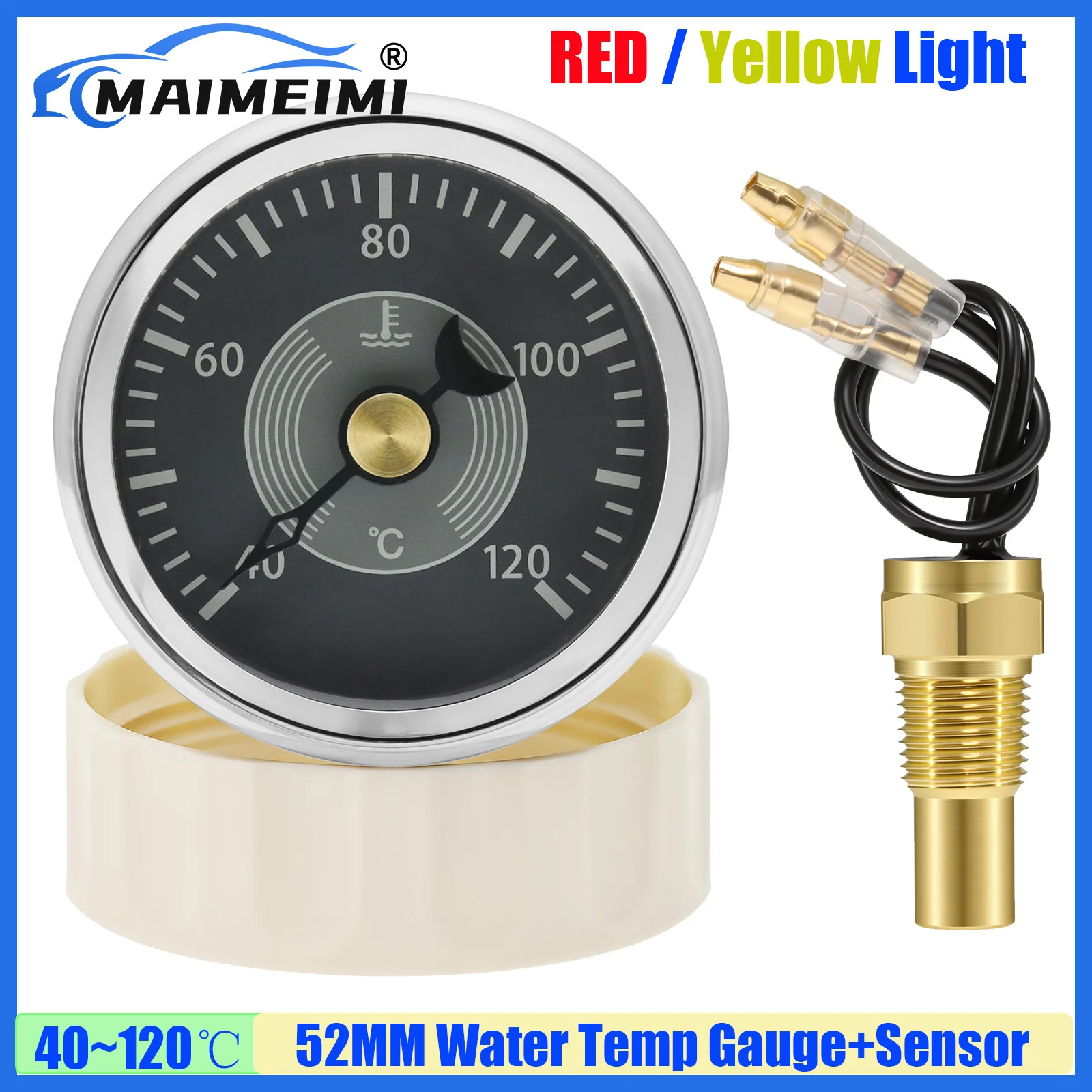 MAIMEIMI Retro 40~120℃ 52MM Water Temperature Gauge with Sensor 10mm RED Yellow Light Temp Meter Indicator for Marine Boat Car