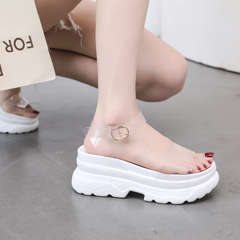 Open Toe Platform High Wedges Heeled Summer Women Sandals Transparent Buckle Punk White Black Leisure Casual Gladiator Shoes