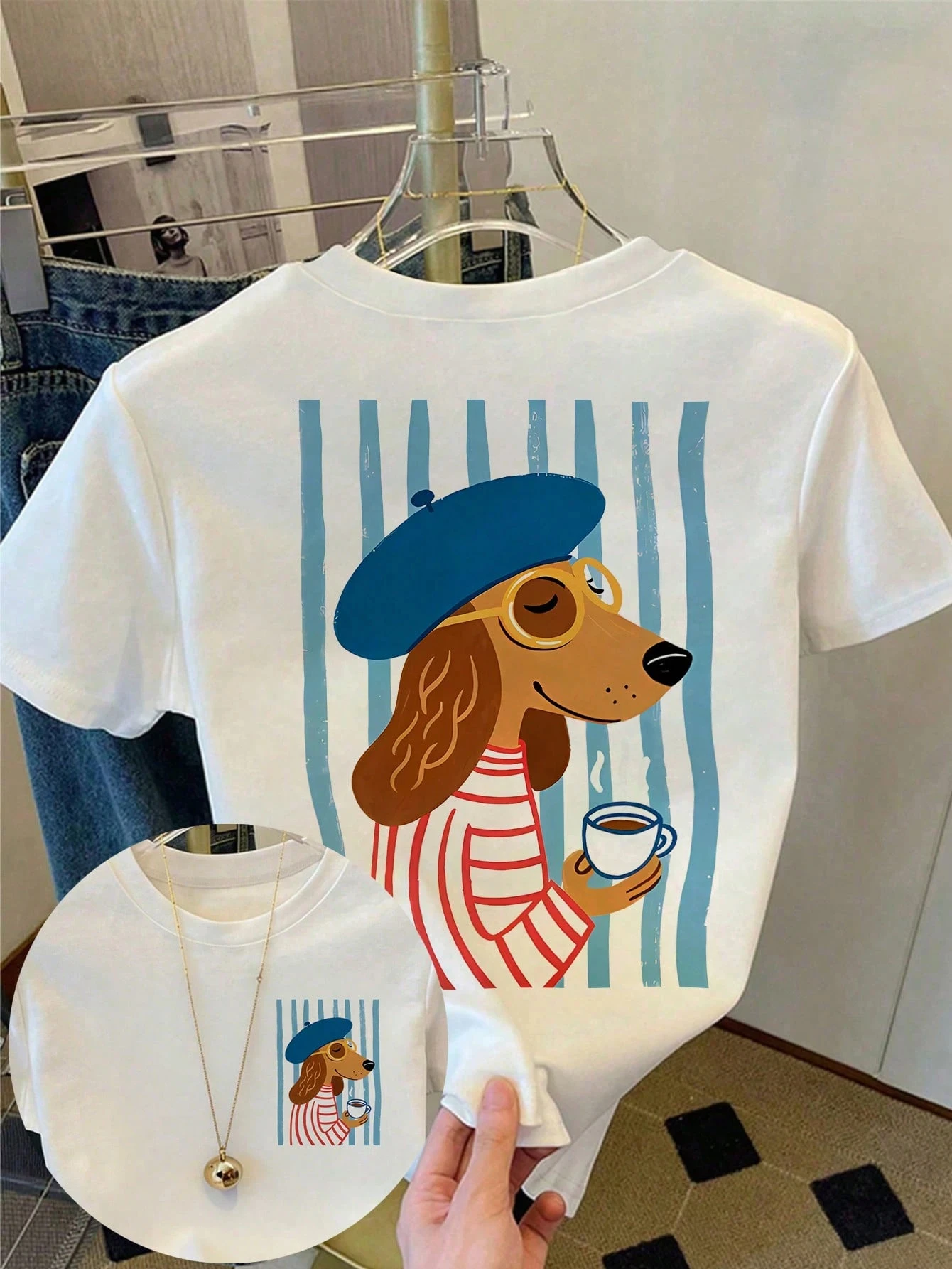 Gestreiftes französisches Baskenmützen-T-Shirt mit Dackel- und Kaffee-Print für Damen, lässiges O-Neck-Kurzarm-Baumwoll-Sommer-Top, Y2K Loose T-Shirt