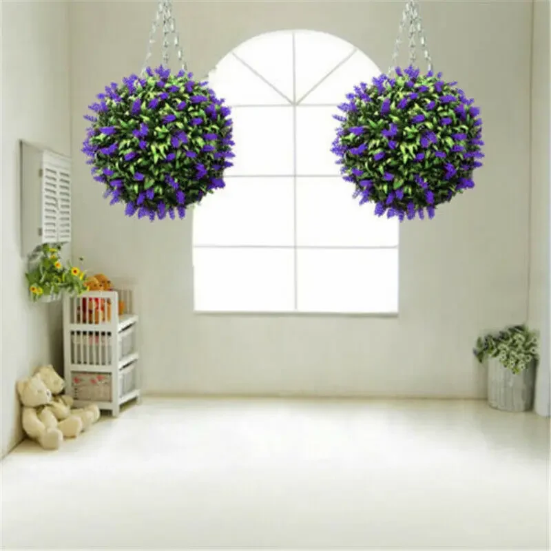 Artificial Lavender Hanging Topiary Ball Purple Flower Plant Decor Basket Pot