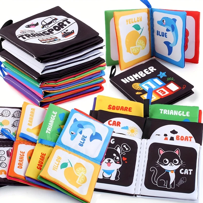 لعبة كتاب قماش وقت البطن باللونين الأبيض والأسود للأطفال والأطفال الصغار، الأبجدية/الحيوانات/الشكل/اللون/الفاكهة/الناقل المعرفي #4